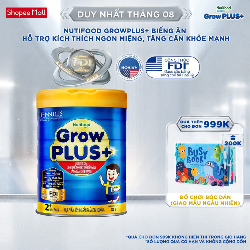 Sữa Bột Nutifood GrowPLUS+ Biếng Ăn (Xanh) 2+ - Tăng Cân Khỏe Mạnh (Lon 900g)