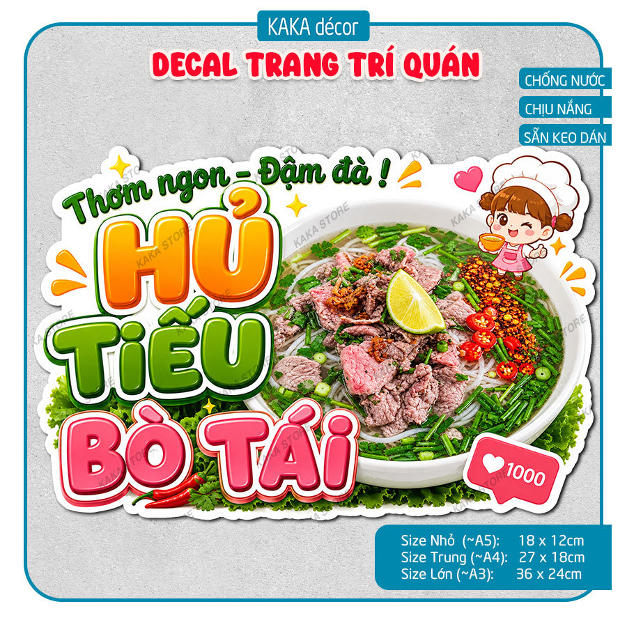 Decal Hủ Tiếu Bò Tái Chống Nước Chịu Nắng Trang Trí Quán Ăn - Tranh Dán Kính, Tường, Gỗ, Gạch Men.
