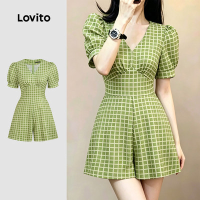 (New Arrival) Lovito Bộ liền nữ sang trọng thắt đai họa tiết dáng rộng phong cách xuân/hè màu xanh lá L196ED188