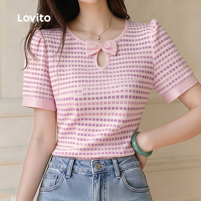 (New Arrival) Lovito Áo thun nữ mùa xuân/hè áo phông casual họa tiết nơ cắt lỗ LK7LBD013