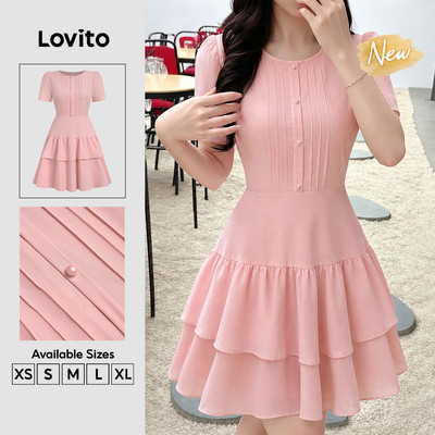 (New Arrival) Lovito Váy thường ngày nữ tay bèo nhún cài nút mùa Xuân/Hè màu hồng DRK8P1D042