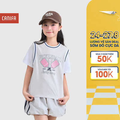 Bộ quần áo ngắn tay bé gái CANIFA quần dáng bí phong cách thể thao năng động cá tính 1ST26S002
