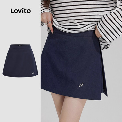 (Phong cách thường ngày) Lovito quần short thêu kiểu thường giả 2 trong 1 chia trước mùa xuân / hè quần short xanh hải L144AD006