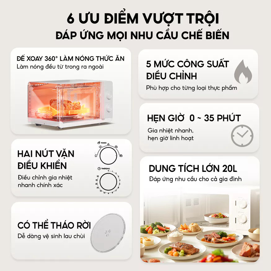 🌟 Lò vi sóng cơ Aqua AQS-MWM2001R(W)-VN Dung tích 20L - 5 mức công suất - Tiết kiệm điện năng - 700W