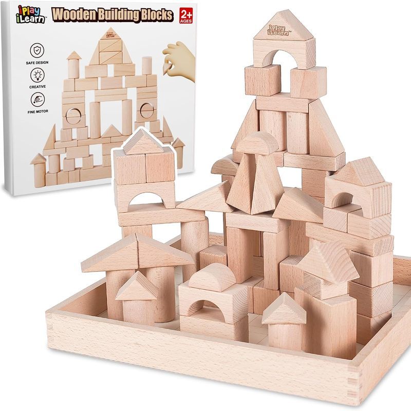 IPlay, Bộ đồ chơi khối xây dựng bằng gỗ iLearn Kid, Khối gỗ tự nhiên cho trẻ mới biết đi