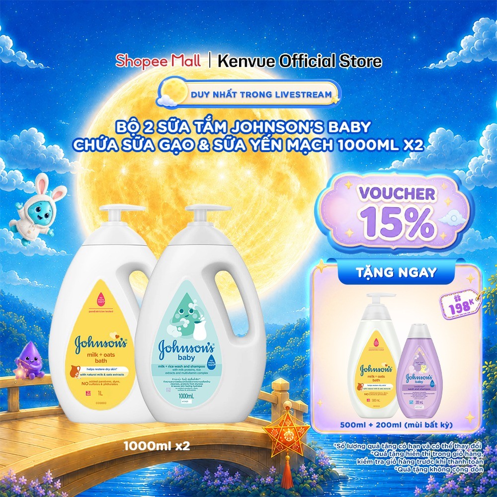 [KOL] Bộ 2 chai Sữa tắm Johnson's Baby chứa sữa gạo & yến mạch 1000ml