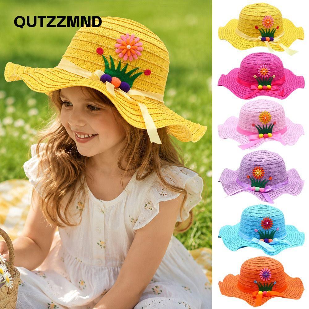 QUTZZMND Mũ Rơm, Vành Rộng Mũ Chống Nắng 3-7Year, Ngọt Ngào Handmade Trang Trí Hoa Xô Mũ Mùa Hè