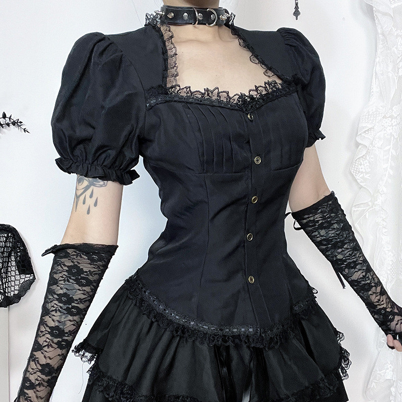 CF24123 Phong Cách Đen Tối Gothic Retro Lớp Áo Sơ Mi 2025 Phong Cách Gothic Sang Trọng Gothic Áo Sơ 