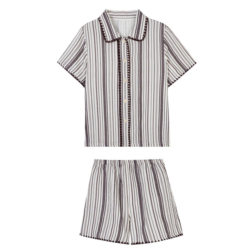 Đồ bộ kẻ sọc dọc form rộng giấu bụng, Set pijama mặc nhà mùa hè viền zigzag tiểu thư siêu mát