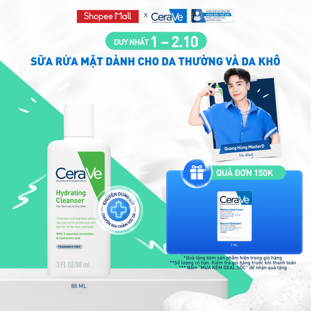 Sữa rửa mặt giúp làm sạch sâu dành cho da thường và da khô Cerave Hydrating Cleanser 88ML