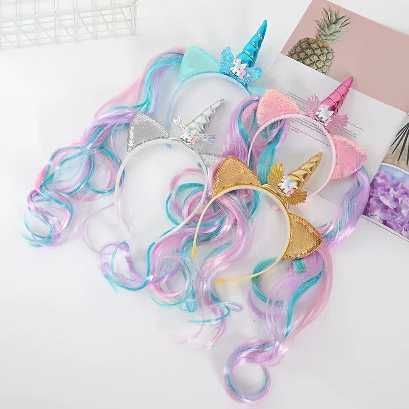 Shiny Sequins Unicorn Hair Hoop Colorful Gradient Wig Strands Angel Wing Decor Toddler Girl Birthday