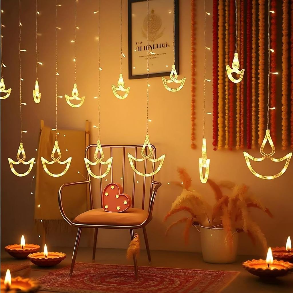 Diwali DiyaCurtain Lights12 Đèn LED treo Diyas với GlowPlug màu trắng ấm trong đèn dây với 8 chế độ