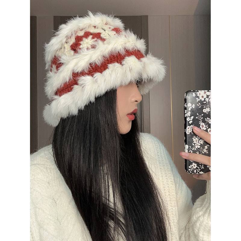 New Atmosphere Snowflake Winter Rabbit Fur Bucket Hat Warm Xingshi Knitted Woolen Cap Cute Face Hat 