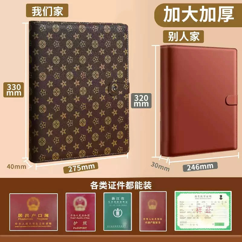Hot Sale#Family Document Storage Bag Thickened Leather Cover A4Loose-leaf Card Holder Birth Househol
