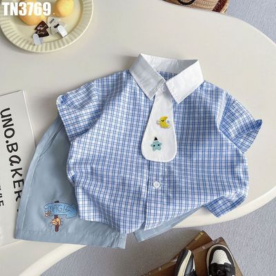Set Bé Trai Áo Sơ Mi Caro Xanh Phối Cổ Trắng Kèm Quần Short Xanh Nhạt Mùa Hè MINTSCLOSET TN3769