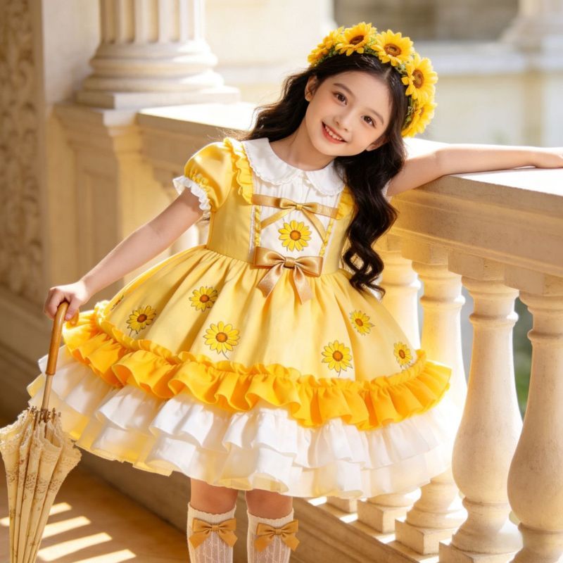 Phong Cách Mới Tay Ngắn Màu Vàng Hoa Cúc lolita Đầm Bé Gái Trẻ Em lolita Đầm lolita Đầm Công Chúa Tr