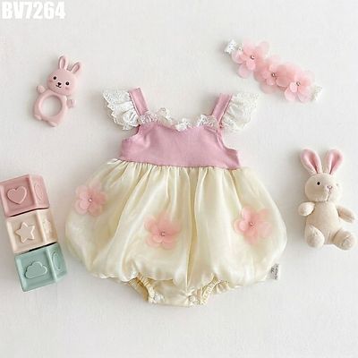 Váy Body Bé Gái Hai Dây Hồng Phối Chân Váy Voan Kem Đính Hoa Nổi Mềm Thoáng MINTSCLOSET BV7264
