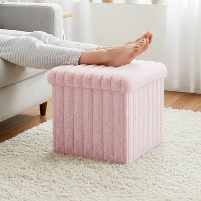 Wenqik Pink Storage Ottoman Cube, Fluffy and Furry Square Foot Rest Stool, Foldable Storage Boxes, O