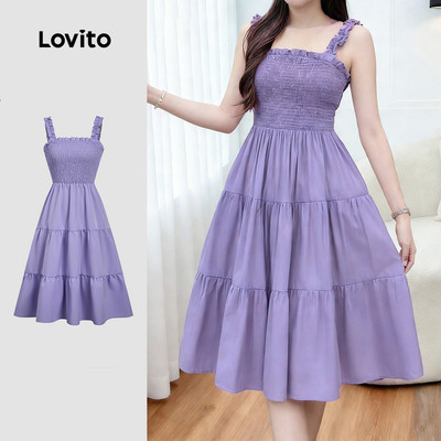 Đầm Lovito boho nhiều tầng nhún thun mùa xuân/hè màu tím cho nữ LBL34075