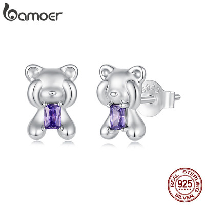 Bông tai hình gấu bạc Bamoer 925 Trang sức thời trang dành cho nữ Quà tặng