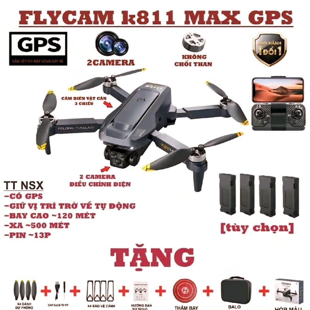 FLYCAM K811 MAX GPS , ĐỘNG CƠ KHÔNG CHỔI THAN +2 CAMERA +CẢM BIẾN VẬT CẢM 3 CHIỀU+NEW 2026 HOT