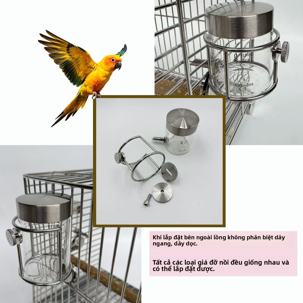 Bình nước inox 304 cho chim vẹt thủy tinh tự động phụ kiện lồng chim mang đi chơi bán chạy giao nhan