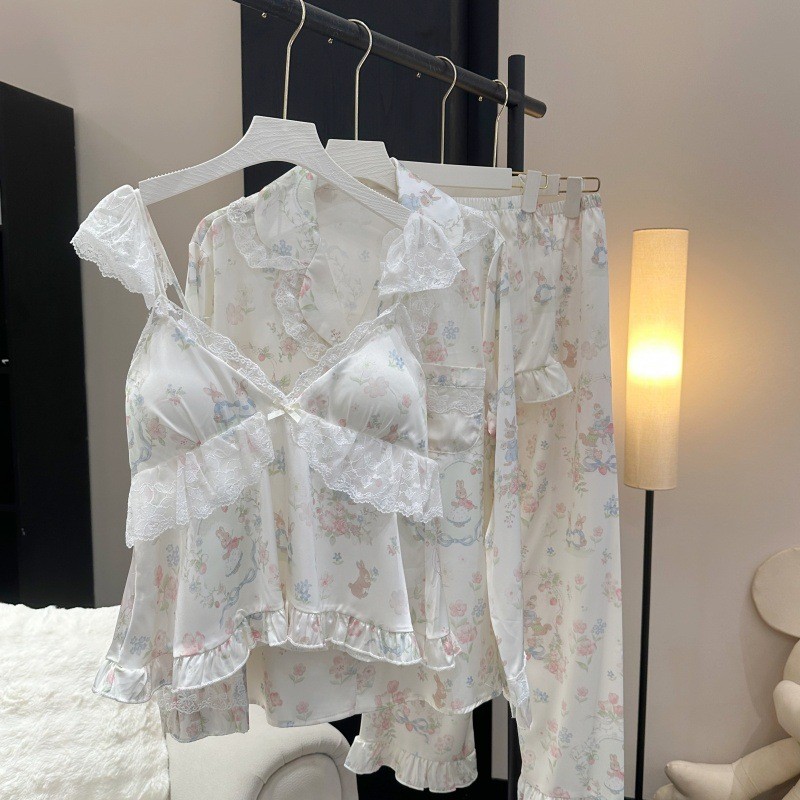 4Y5J HJ001 [Bộ bốn mảnh thỏ sữa trong vườn] Mùa xuân thu Bộ đồ ngủ lụa băng phong cách mới In hình c