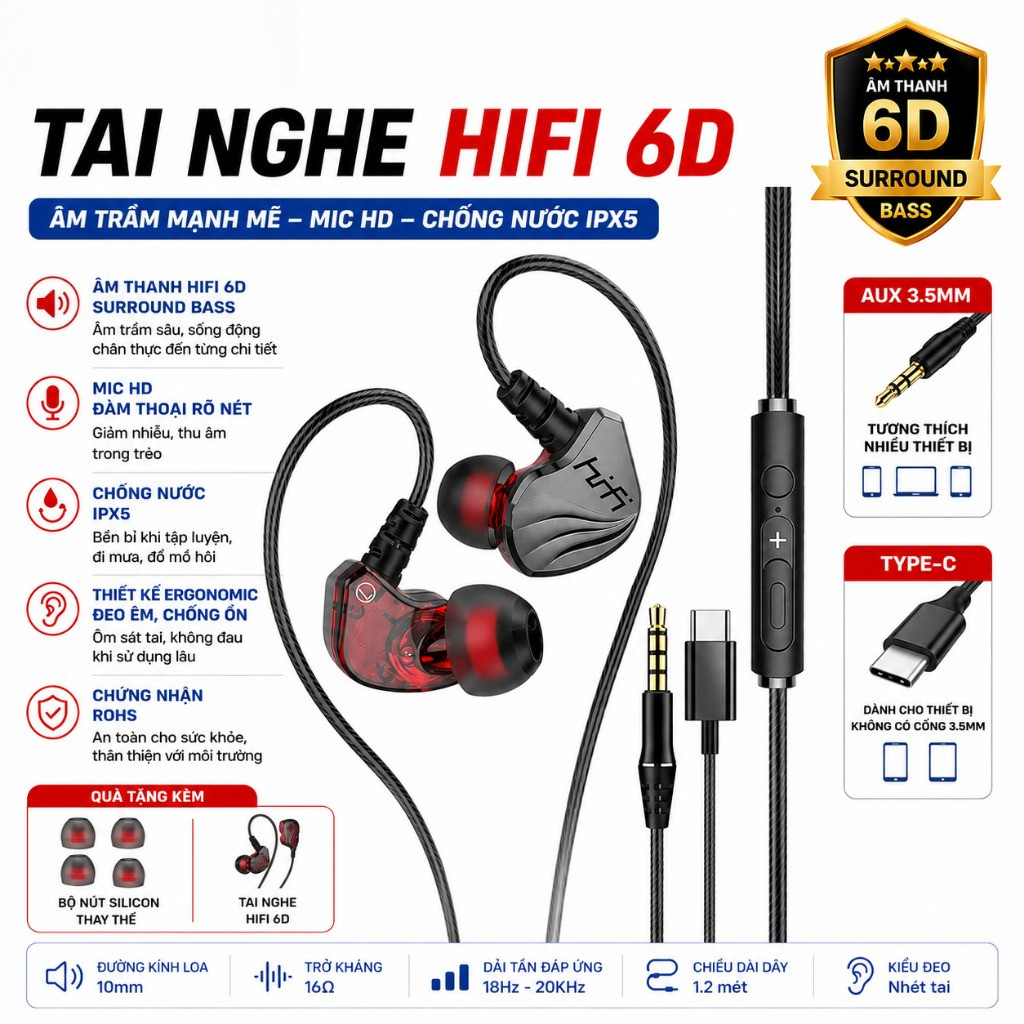 Tai nghe gaming có dây nhét tai HiFi S2000 Super Bass chống ồn, có mic, chơi game ngon