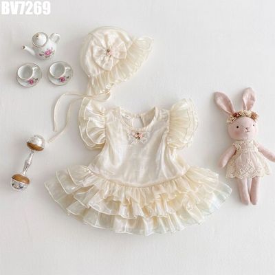 Body Váy Bé Gái Trắng Kem Voan Bèo Tay Cánh Tiên Đính Hoa Kèm Mũ Đồng Bộ Chụp Ảnh MINTSCLOSET BV7269