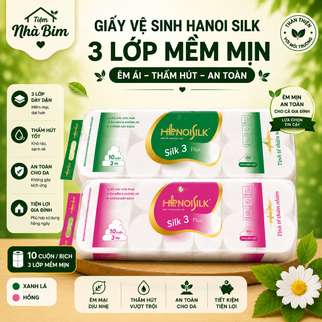 Giấy Vệ Sinh Hanoi Silk Xanh Lá/Hồng 3 Lớp 10 Cuộn/Bịch - Siêu dai, mềm mịn, tan nhanh