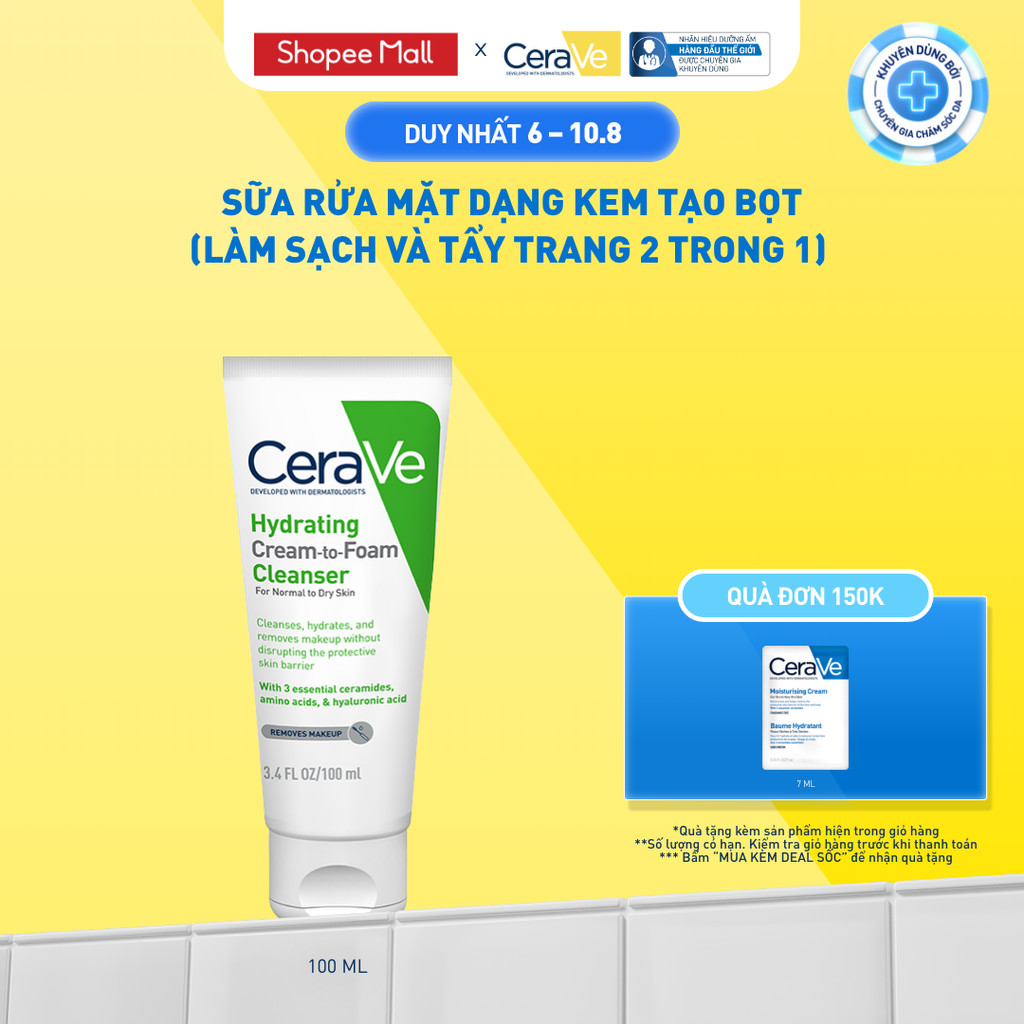 Sữa rửa mặt CeraVe dạng kem tạo bọt (làm sạch và tẩy trang 2 trong 1) Hydrating Cream-to-Foam Cleanser 100ml