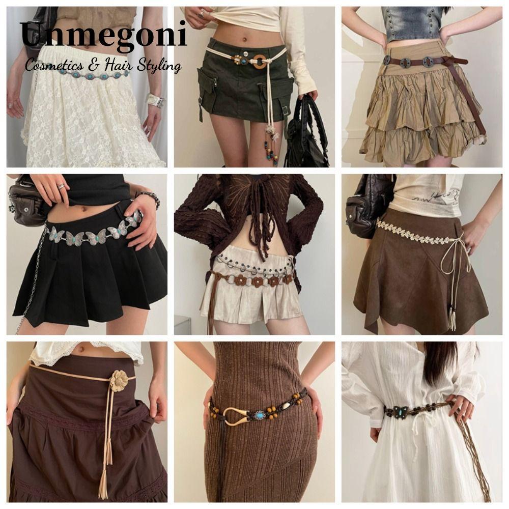 Dây thắt lưng UNMEGONI, Dây hợp kim Bohemian thắt lưng, Vintage có thể điều chỉnh Y2K Hoa Bohemian t