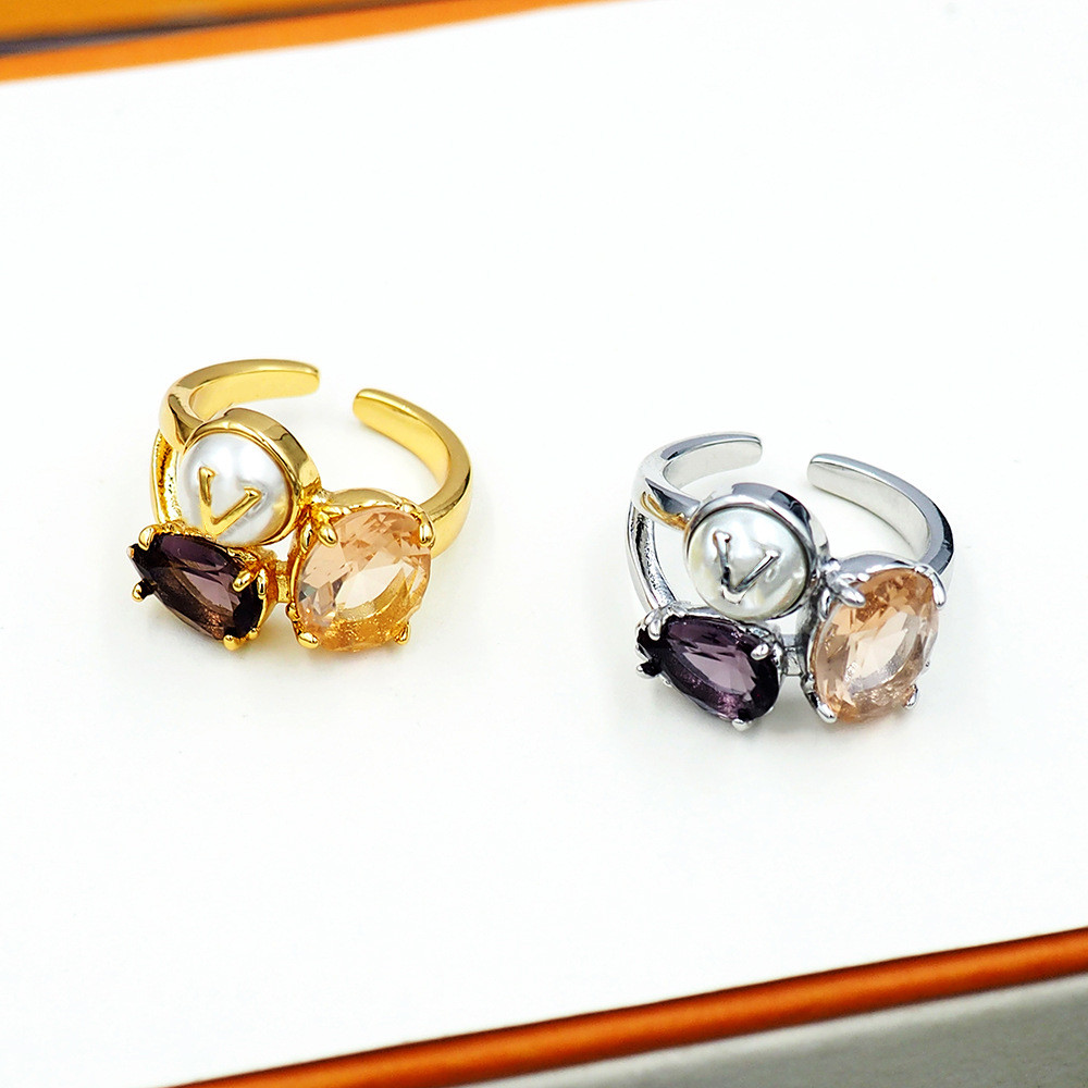 X5HN Letters v Women's open ring with diamond, pearl, purple diamond, colored pearl, and champagne d