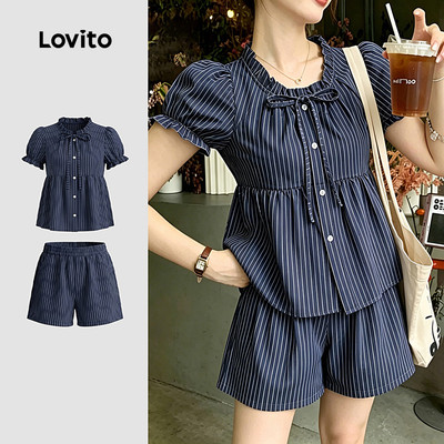 (New Arrival) Lovito Áo hoặc Quần Họa Tiết Dệt Thả Xuân Hè màu xanh đậm Bộ đồ cho nữ LK7ATD143