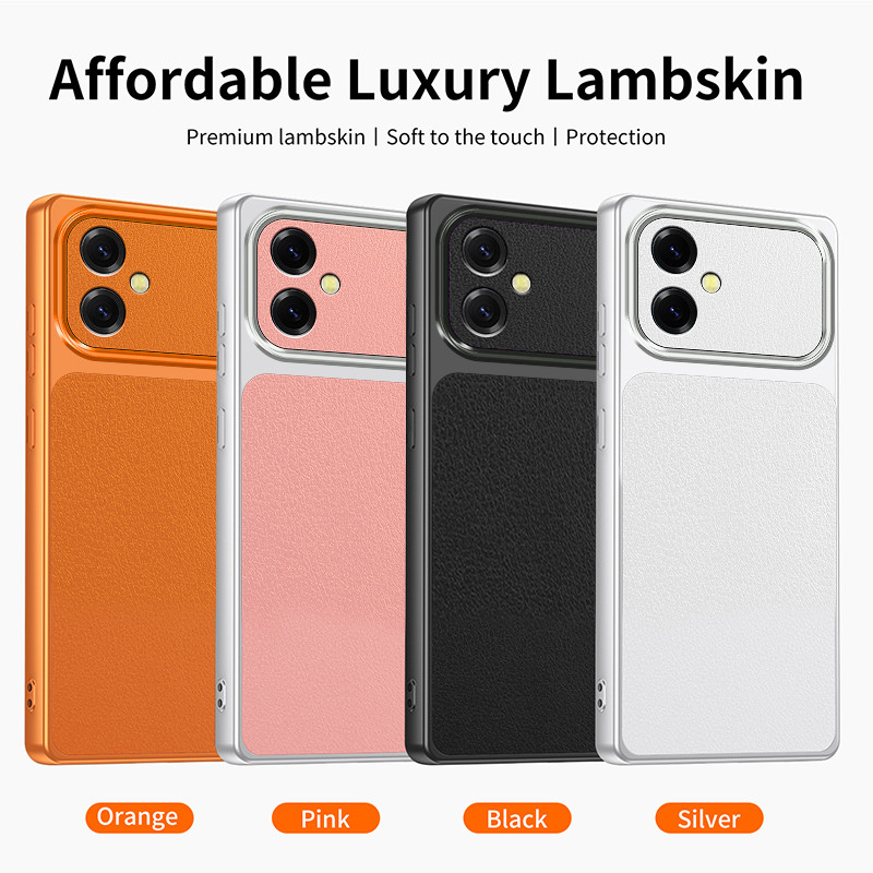 A06 Thời Trang Lychee Cam Hồng Bạc Trắng Đen Bảo Vệ Ống Kính Ốp lưng Samsung Galaxy A06 4G F06 M06 5