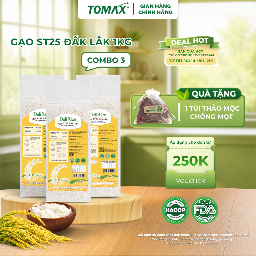 Combo 3 Túi Gạo ST25 Deli Rice 1kg Thượng Hạng, Dẻo Thơm Tự Nhiên, Vị Ngon Hòa Quyện - TOMAX