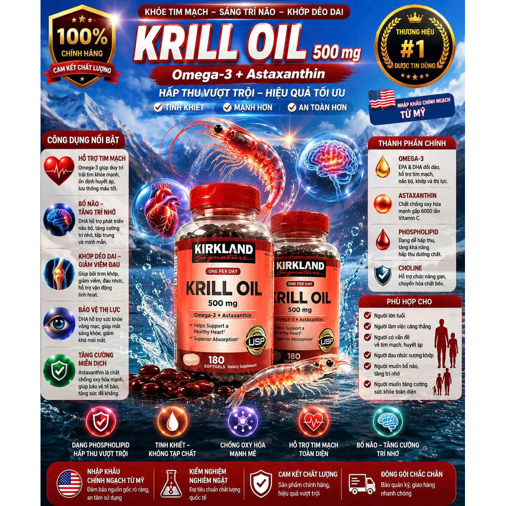 [HÀNG MỸ] Viên Uống Dầu Nhuyễn Thể Kirkland Signature Krill Oil 500mg (Hộp 180 Viên)