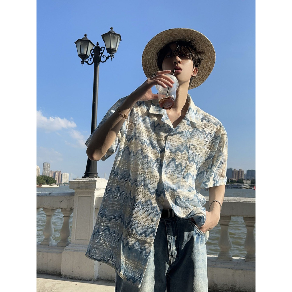 [Sản phẩm mới] Seaside Niche Holiday Wave Pattern Đan màu tương phản Rỗng Áo sơ mi thông thường Áo s