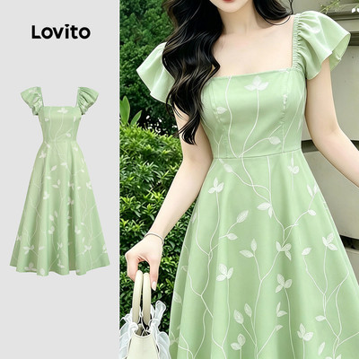 (New Arrival) Lovito Đầm Boho Ruffle Flowers Mùa Xuân/Hè màu xanh lá cho nữ L195AD205