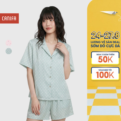 Bộ pyjama nữ sateen CANIFA mặc nhà ngắn tay in họa tiết 6LS26S005