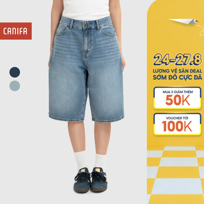 Quần short jeans unisex người lớn CANIFA ống rộng lửng chất liệu cotton dáng bermuda 5BS26S001