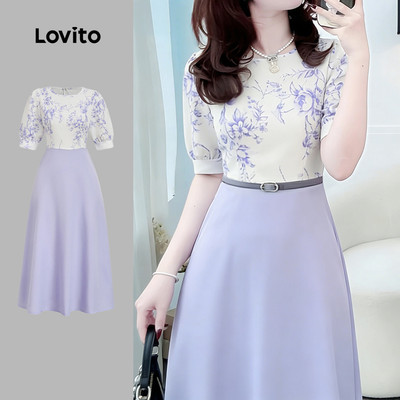 Đầm nữ Lovito tím nhạt xuân hè ghép vải xếp ly thanh lịch L183ED1068