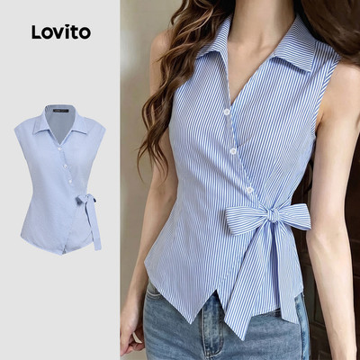 (New Arrival) Lovito Áo sơ mi nữ mùa xuân/hè bất đối xứng màu xanh dương LK7ED194