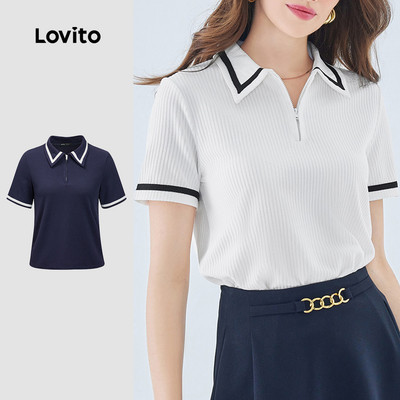 Lovito Phong cách thường ngày Áo Thun Trơn Cổ Áo Viền Tương Phản Tay Ngắn Dáng Rộng Thích Hợp Cho Mùa Hè/xuân Dành Cho Nữ L49ED029 (nhiều Màu)