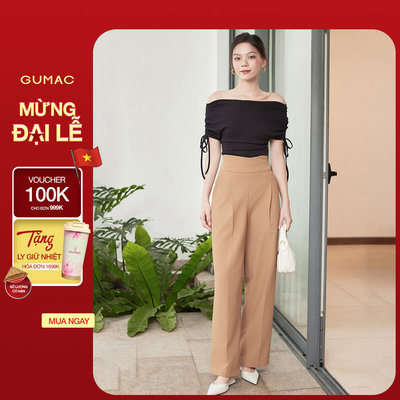 Quần tây nữ GUMAC ống rộng lưng kiểu đắp chéo xếp ly 1 bên cotton silk dày dặn  QE10089