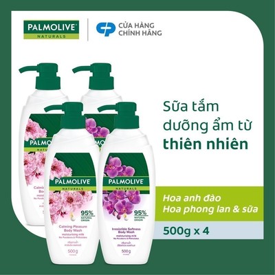 Bộ 4 Sữa tắm Palmolive 95% thiên nhiên chiết xuất từ hoa Anh Đào & Phong Lan 500g/chai