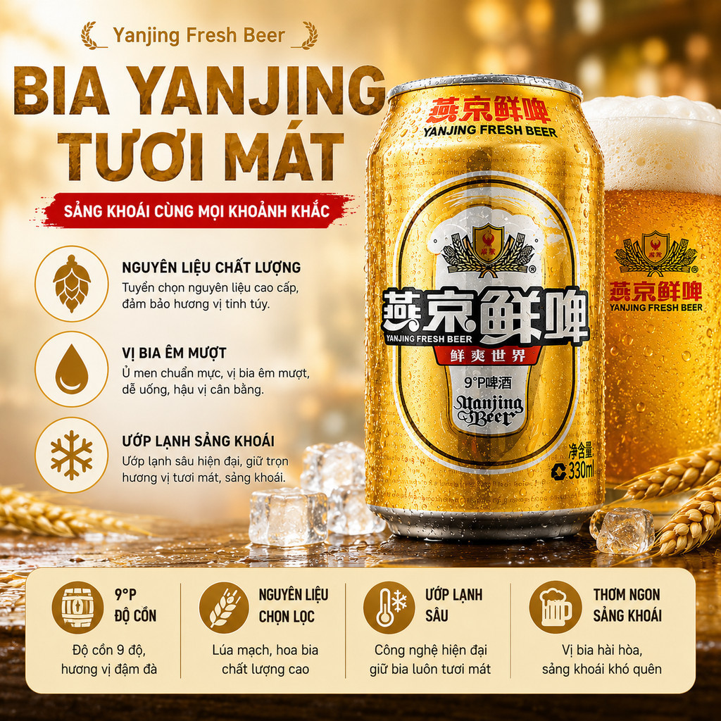 Bia Yến Kinh 330ml Thùng 24 Lon Yanjing Fresh Beer 9 Độ P Bia Trung Quốc Dùng Lạnh