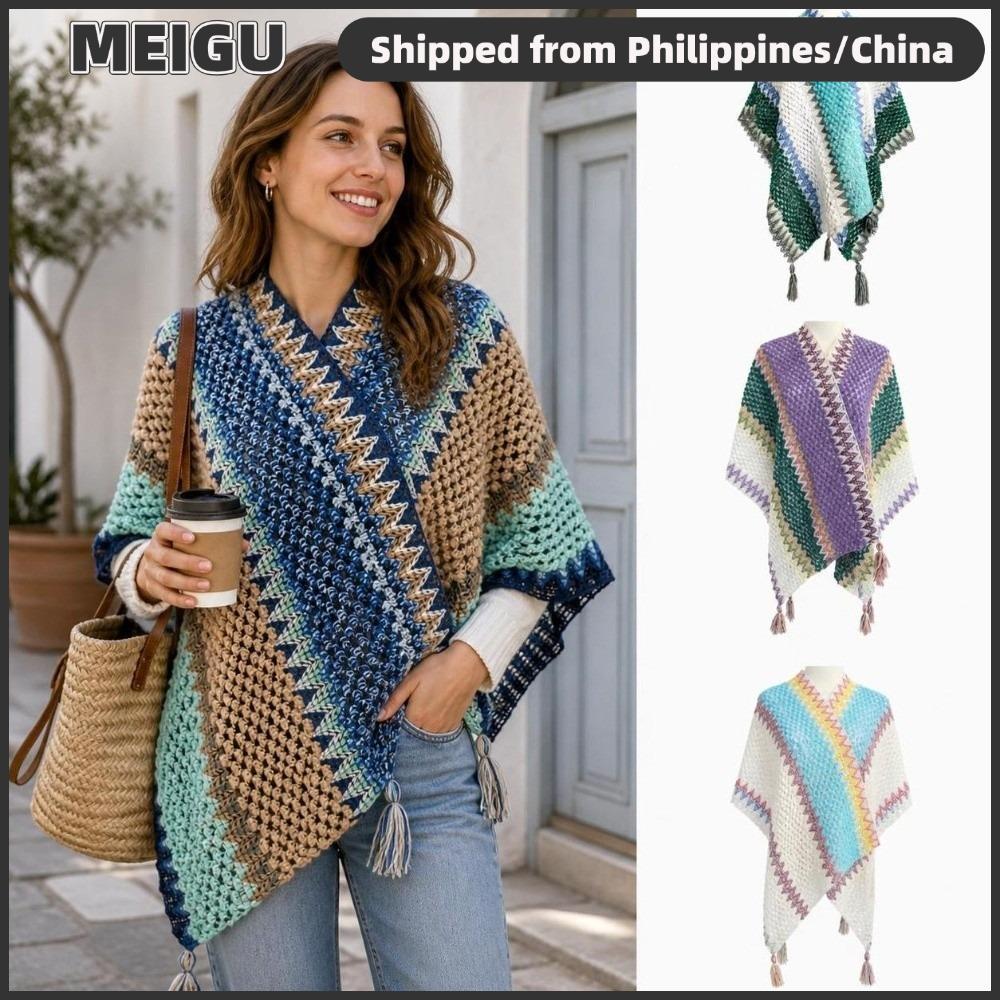 MEIGU Bohemian Đan Poncho, Áo Chui Đầu Sọc Màu Áo Quấn Dệt Kim, Vintage Boho Tua Rua Dân Tộc Boho Tu