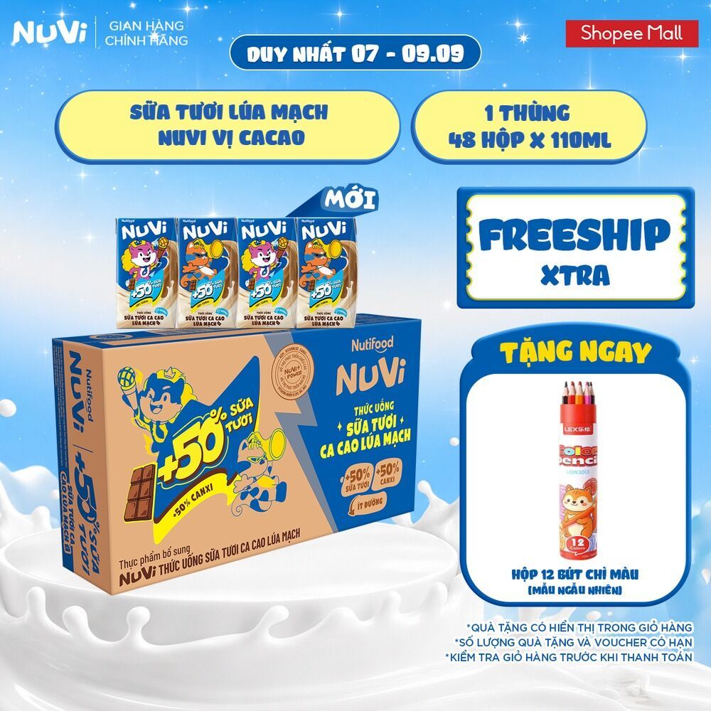 Thùng 48 Hộp Thức Uống Sữa Tươi Lúa Mạch NuVi Vị Cacao 110ml