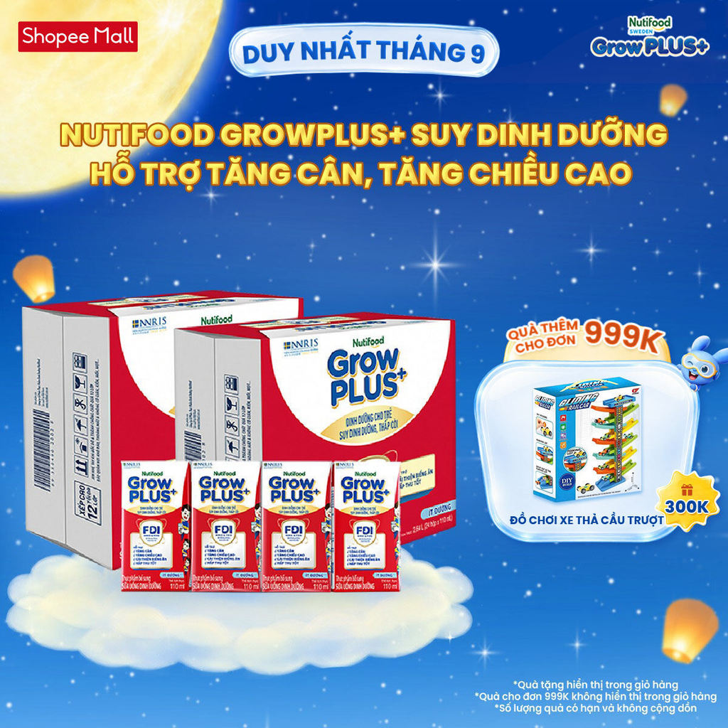 Thùng SBPS Nutifood GrowPLUS+ ít đường Suy Dinh Dưỡng - Tăng Cân, Tăng Chiều Cao (48 Hộp x 110ml) (B